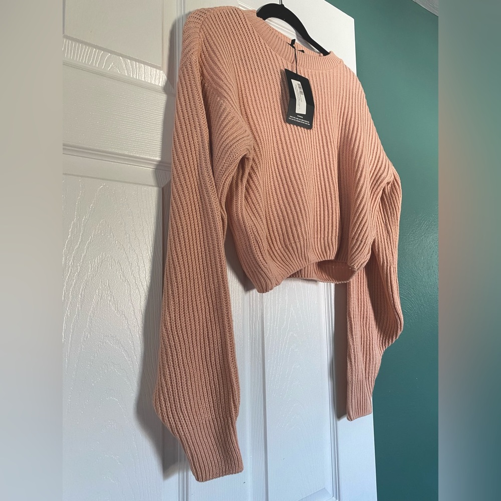 NWT Cropped Pink PrettyLittleThing Blush Wide Sleeve Knitted Sweater